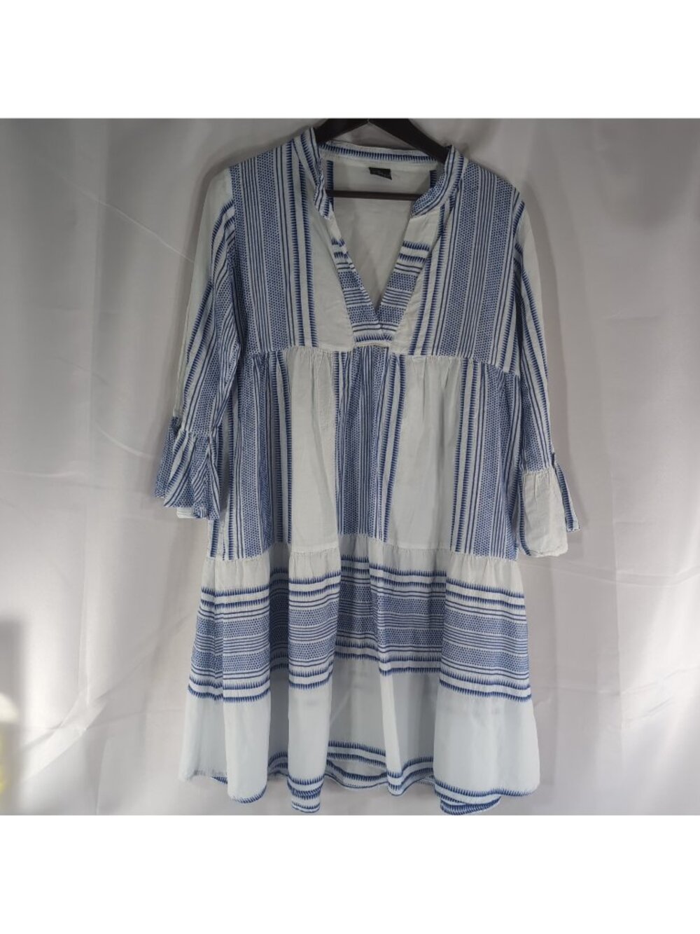 Domna Bogioka S/M 100% Cotton Blue White Dress Tiered Mini 1/2 Sleeve Women's SM
